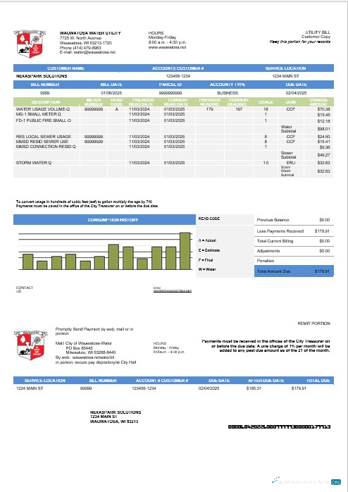 USA Wawatosa Water Utility business utility bill template in Word and PDF formats